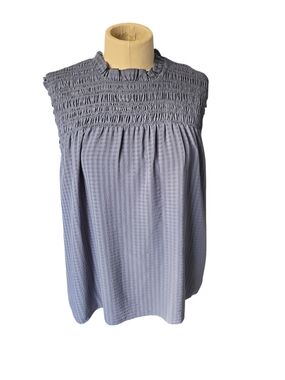 Ann Taylor Smocked Sleeveless Blouse - Ginham Blue Size Xl